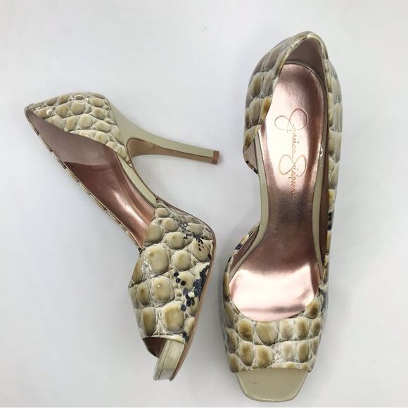 Jessica Simpson JOSETTE Green Reptile Print Leather Open Toe Pimp Heels - Picture 6 of 16